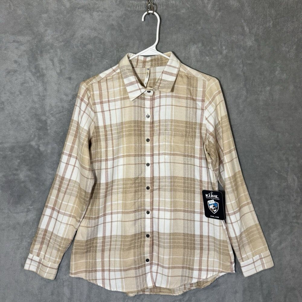 NWT KUHL Kamila Flannel Shirt Womens S Copper Beige Plaid L/S Gorpcore Outdoor